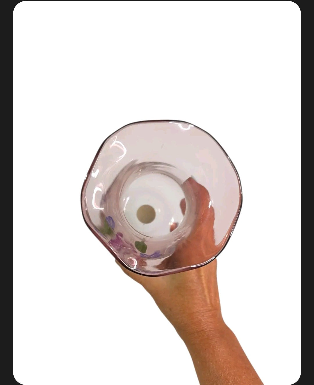 Oddly Darling Vintage hand-painted light-pink glass vase with a ruffled rim viewed from above