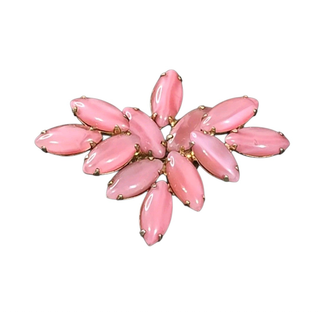 Oddly Darling Vintage brooch featuring pastel pink marquise-cut cabochon stones in a gold-tone floral cluster setting.