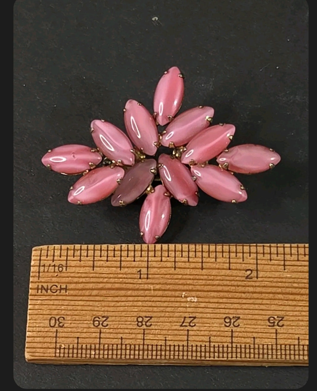 Oddly Darling Vintage marquise-cut pastel pink cabochon stone cluster brooch with gold-tone metal setting