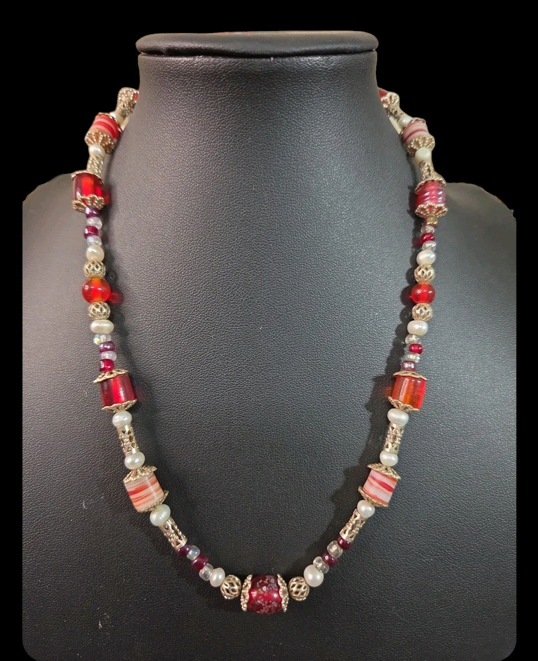 Oddly Darling Vintage artisan beaded statement necklace with crimson red glass, pearls, and gold-tone filigree spacers.