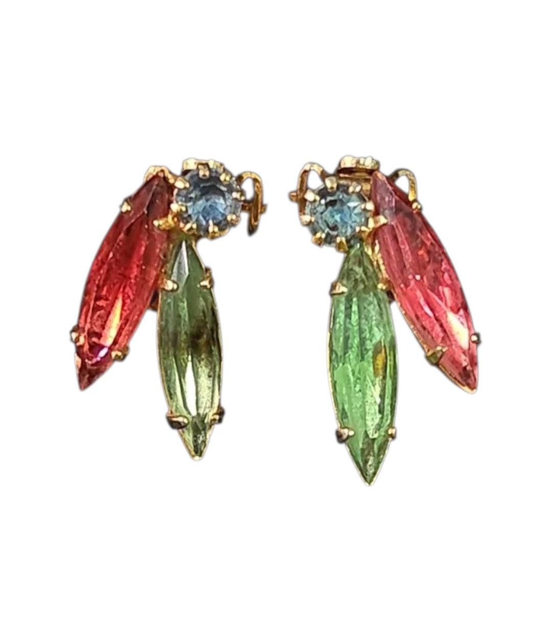 Oddly Darling Vintage gold-tone clip-on earrings featuring marquise-cut ruby red, emerald green, and blue crystals.