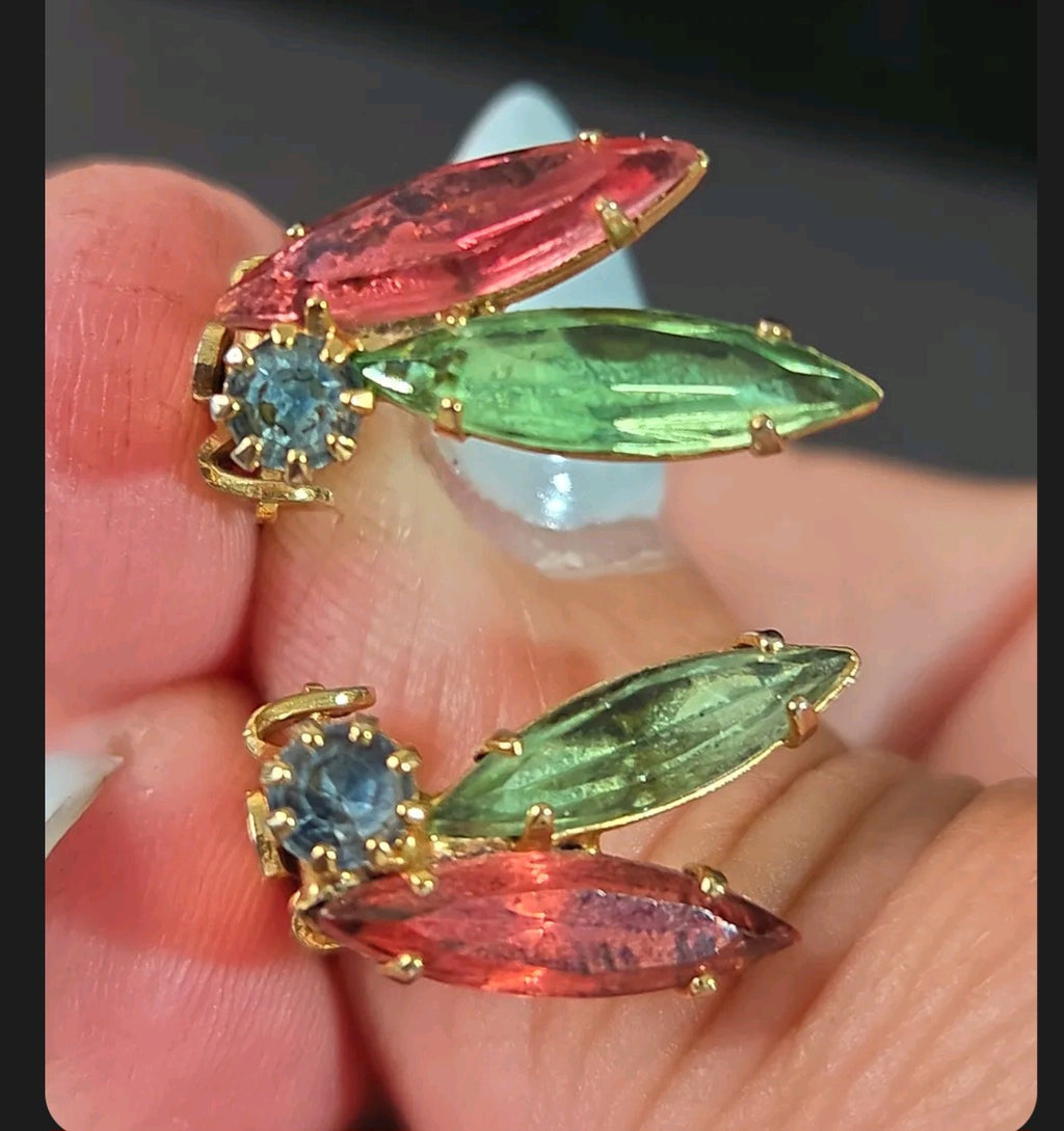 Oddly Darling Vintage gold-tone clip-on earrings with ruby red, emerald green, and blue crystal marquise stones.