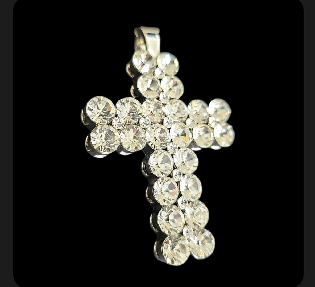 Oddly Darling Vintage silver-tone cross pendant encrusted with sparkling clear rhinestones on a black background