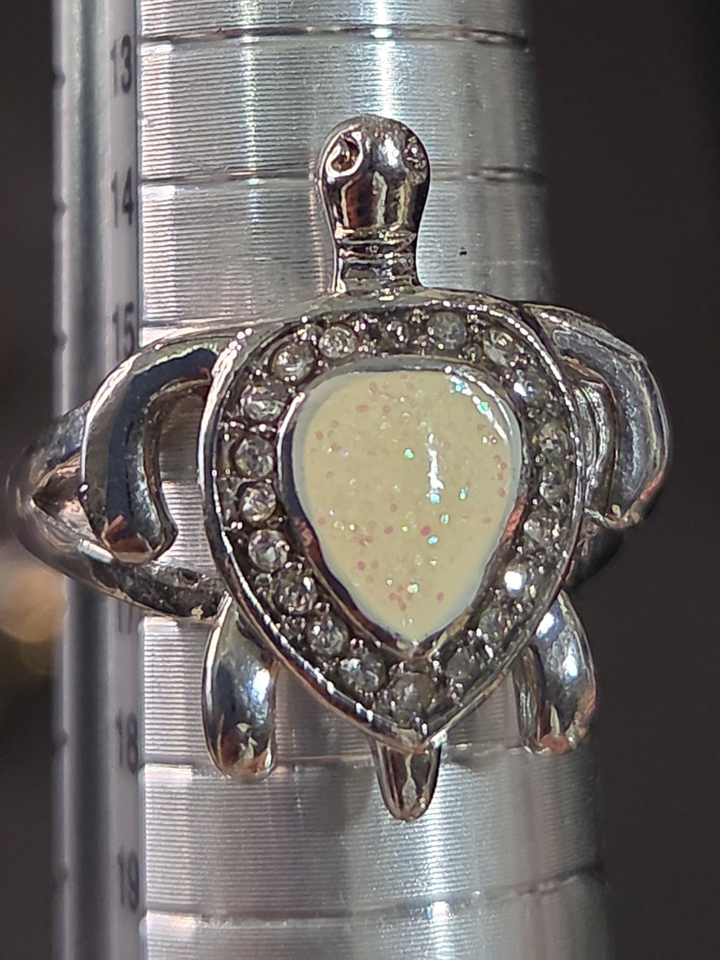Oddly Darling Vintage silver-tone sea turtle ring with a pearlescent shell inlay and sparkling clear crystal halo.