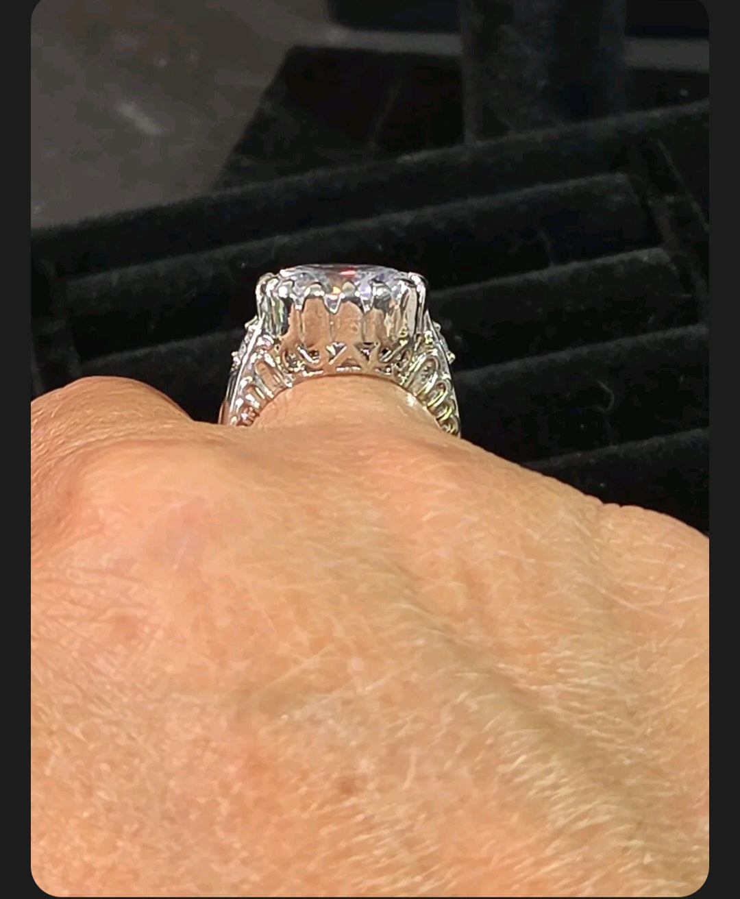 Oddly Darling Vintage silver-tone cocktail ring with a large brilliant-cut stone and intricate filigree side detail
