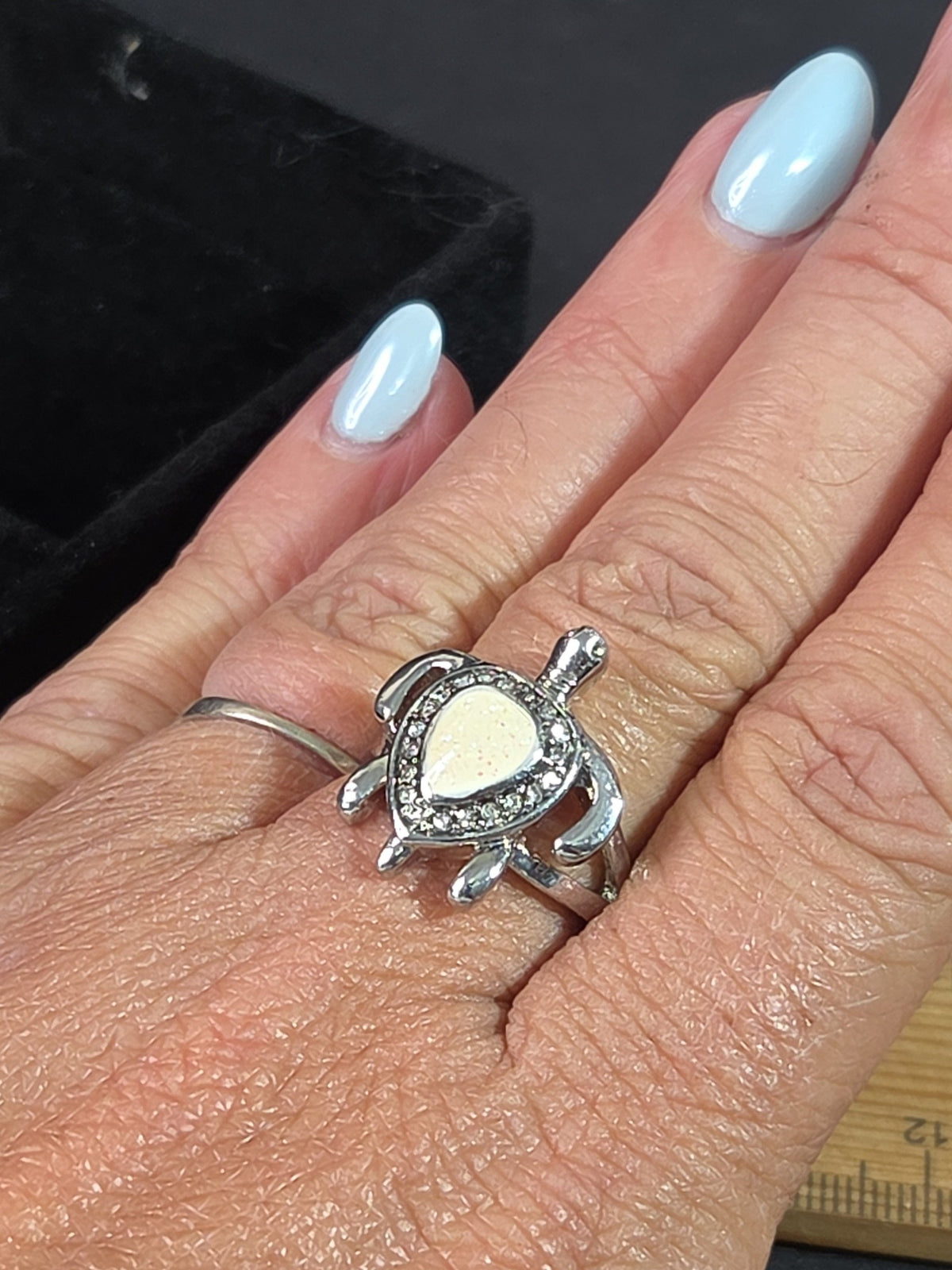 Oddly Darling Vintage silver-tone sea turtle statement ring with a pearlescent shell inlay and clear crystal halo.