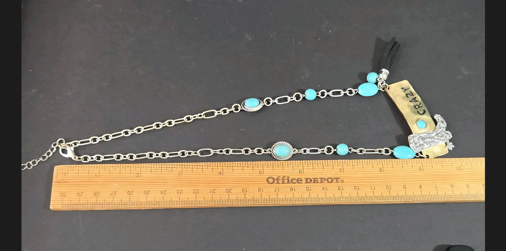 Oddly Darling Vintage western statement necklace with turquoise beads, cowboy boot charm, and CRAZY stamped pendant.