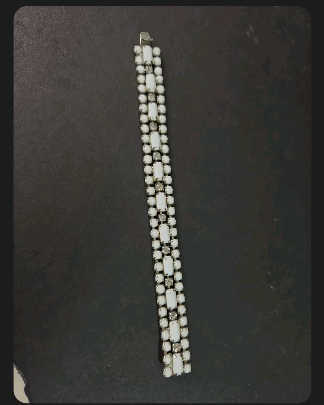 Oddly Darling Vintage multi-strand bracelet with milky white cabochon stones and clear crystals in silver-tone metal.