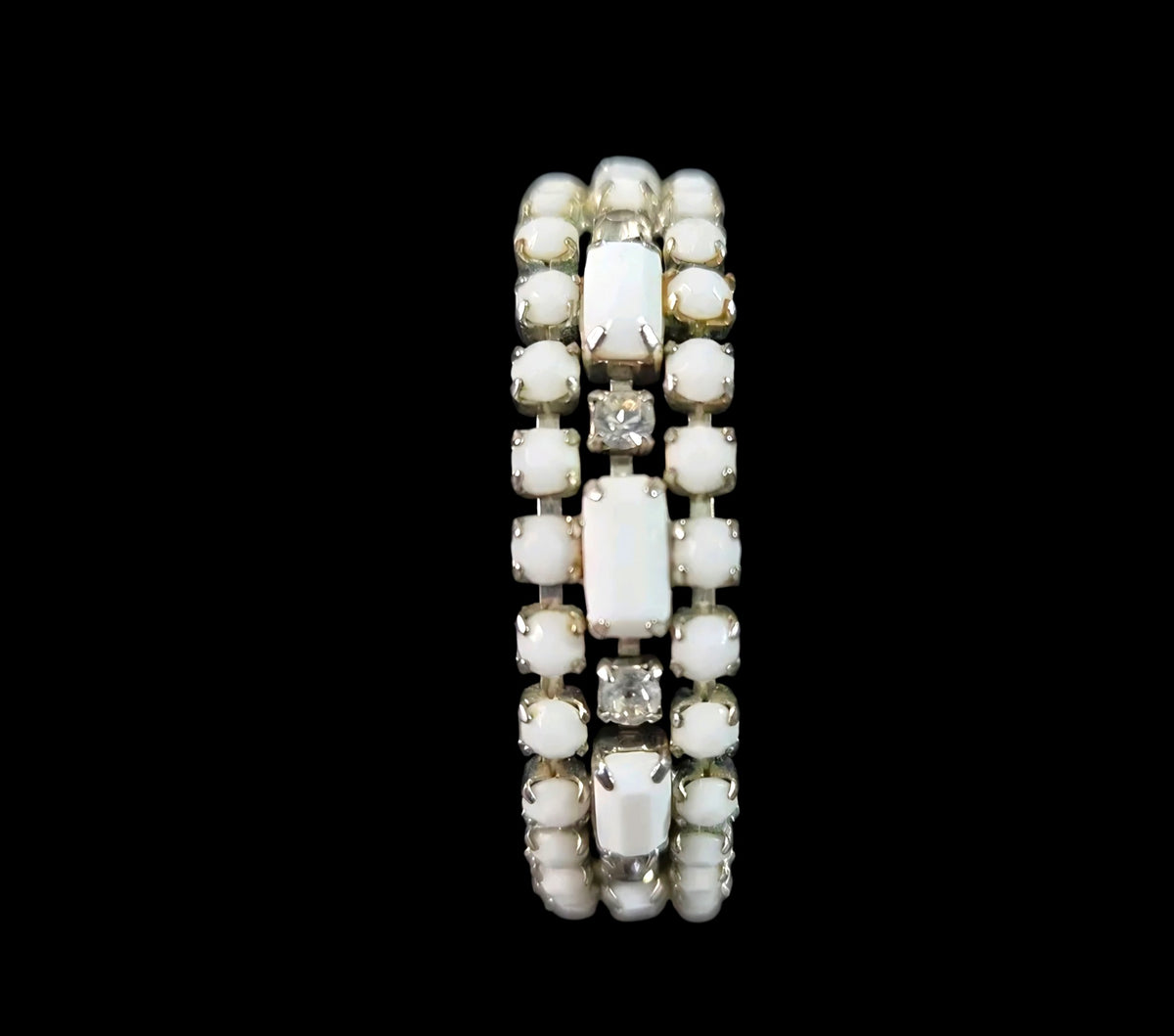 Oddly Darling Vintage multi-strand bracelet with milky white cabochon stones and clear crystals in silver-tone metal.
