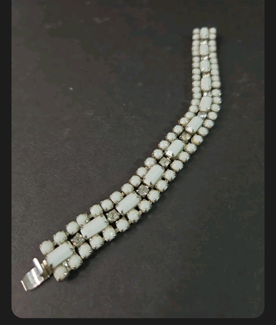 Oddly Darling Vintage multi-strand bracelet with milky white cabochons and clear crystals in a silver-tone setting.
