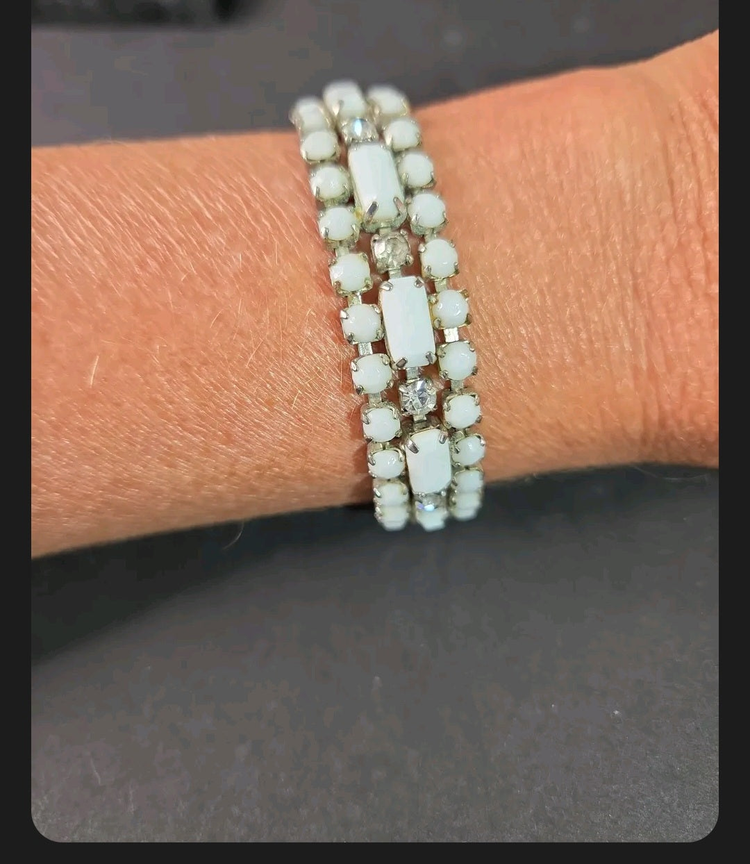 Oddly Darling Vintage multi-strand bracelet with milky white cabochons and clear crystals on a silver-tone metal base.